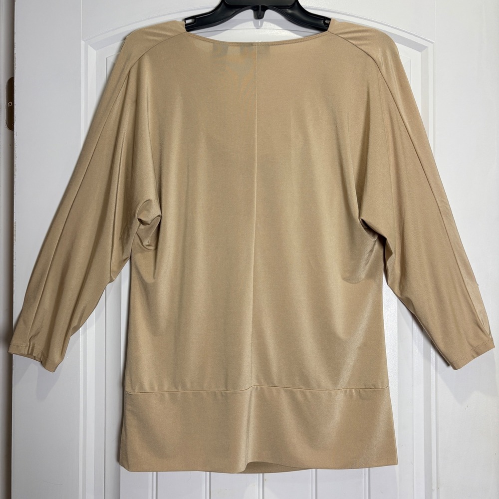 New York & Company Cowl Neck Blouse Women Medium Gold Tan Stretch Dolman Sleeve - Picture 2 of 4